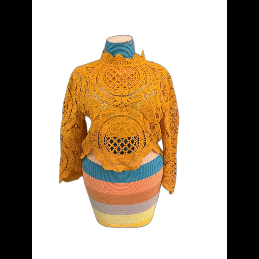RARE Banjul Mustard Crochet Lace Mid-Sleeve Crop Top